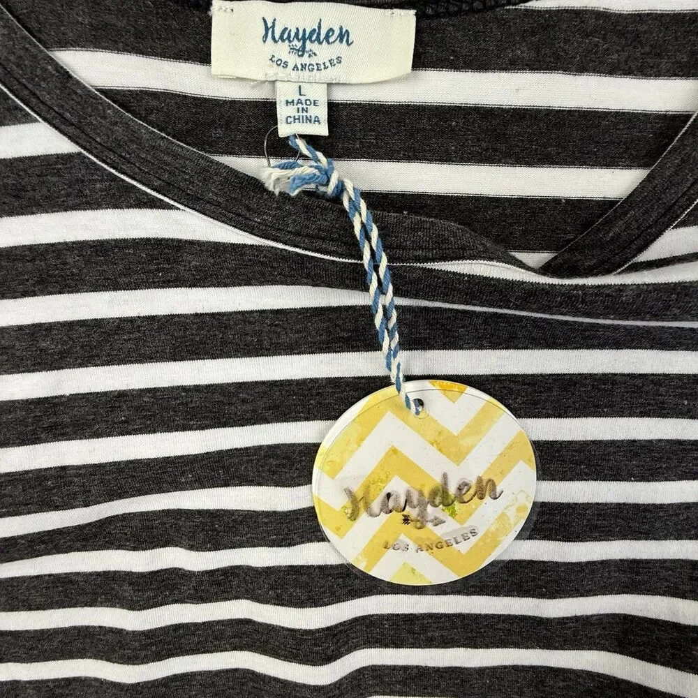 NEW Hayden Long Sleeve Striped Top Women Large Black Pink Ruffles Tunic